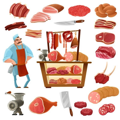 Butcher cartoon set with meat sausage and knife isolated vector illustration