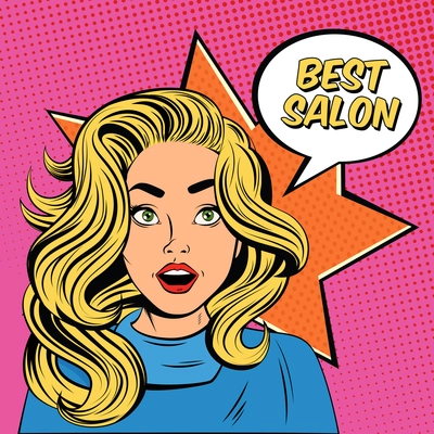 Hairdresser salon comics style retro advertisement poster with attractive young blond girl with wavy hair vector illustration