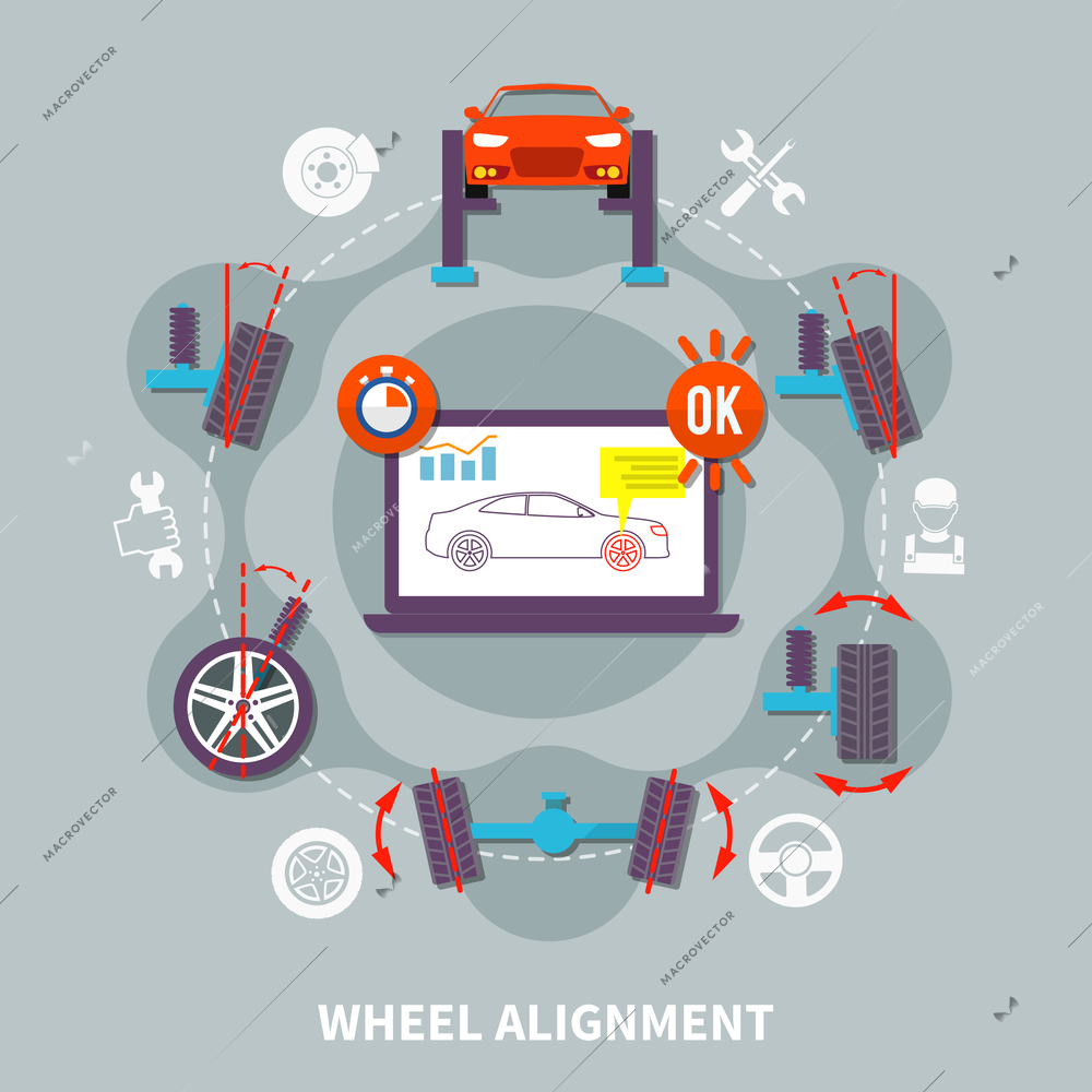 Wheel alignment flat design concept with icons of car in auto service computer tools for balance diagnostics vector illustration