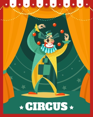 Traveling circus advertisement poster with juggling in spotlight clown retro cartoon style vector illustration