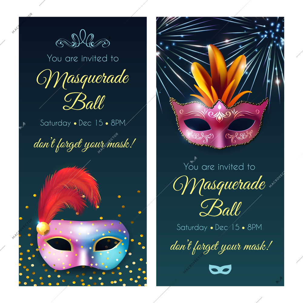 Masquerade invitation party vertical flyer banners set with realistic glossy masks decorative text and editable date vector illustration