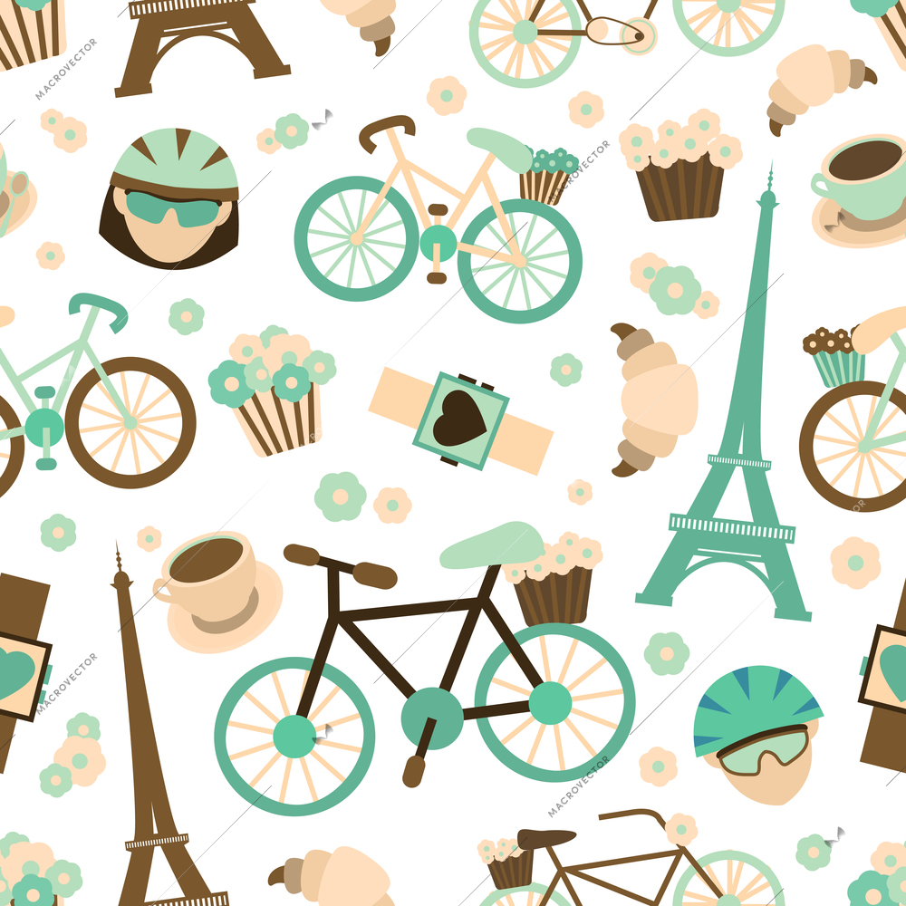 Bicycle french tour sport seamless pattern with bike croissant cyclist vector illustration