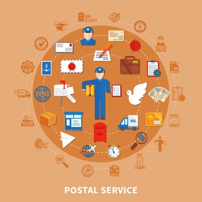 Postal communication round design with employee and office correspondence and boxes transportation on beige background vector illustration