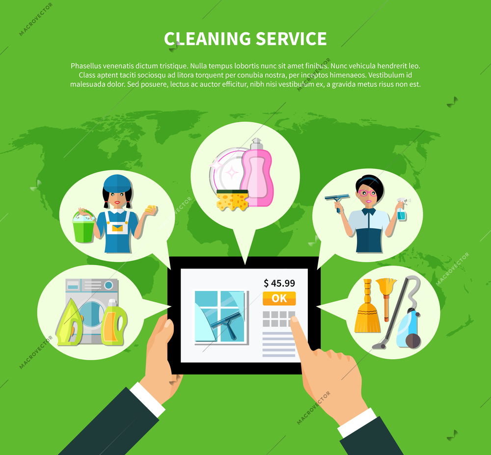 Tablet house cleaning online store concept with thought bubbles on world map background with editable text vector illustration