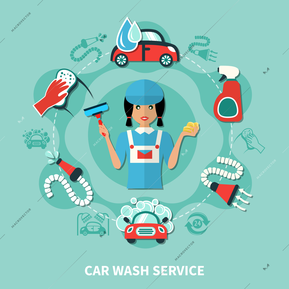 Car wash service round composition with worker character washing agents and professional cleaning tools flat images vector illustration