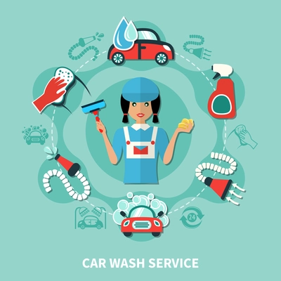 Car wash service round composition with worker character washing agents and professional cleaning tools flat images vector illustration