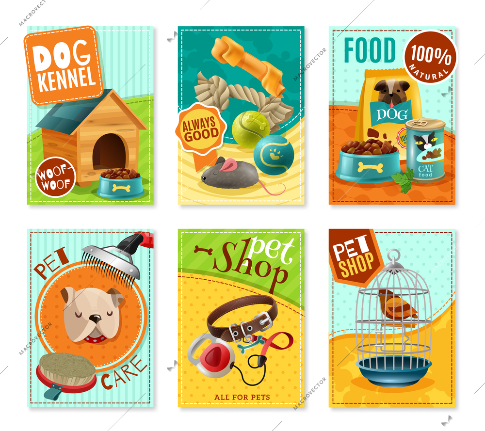 Affordable pet care store advertisement 6 mini banners collection with healthy food and accessories isolated vector illustration