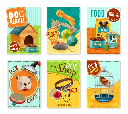 Affordable pet care store advertisement 6 mini banners collection with healthy food and accessories isolated vector illustration