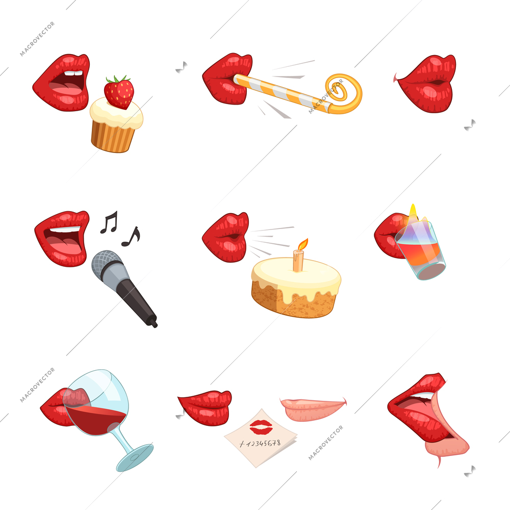 Isolated female red lips party comic icons set drinking blowing kissing singing to microphone eating cakes vector illustration