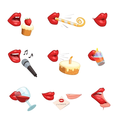 Isolated female red lips party comic icons set drinking blowing kissing singing to microphone eating cakes vector illustration