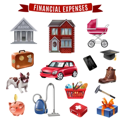 Average family household expenses flat icons collection with housing transportation food clothing and education isolated vector illustration