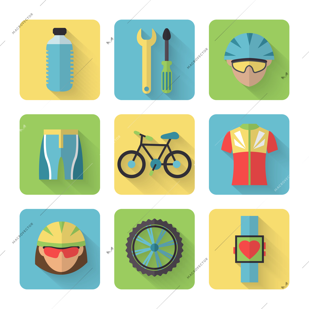 Bicycle sport fitness flat icons set with bicyclist water bottle clothes isolated vector illustration