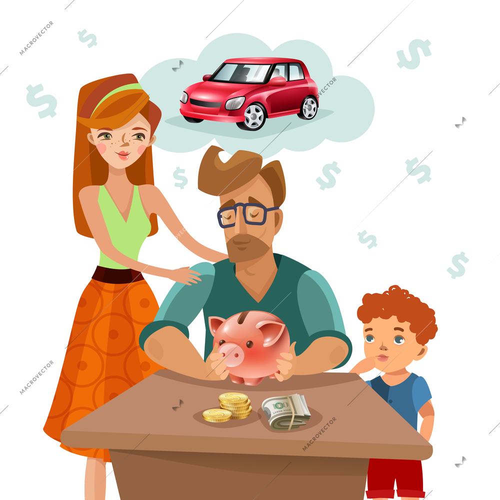 Home budget planning with family income expenses and target money saving for dream purchase concept flat vector illustration