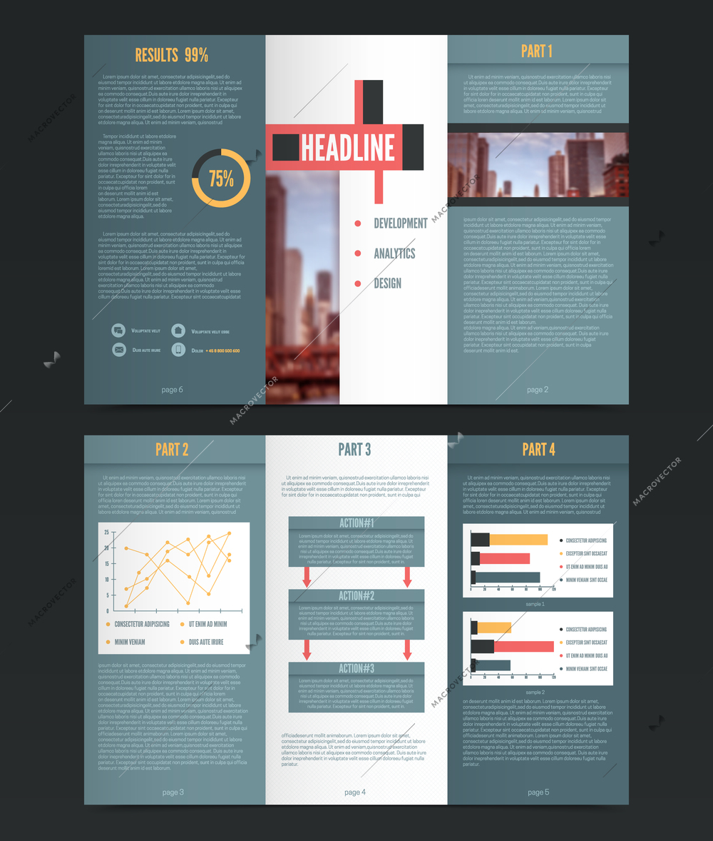 Threefold flyer template with colorful infographics graphs and editable text headlines description paragraphs and diagram legend vector illustration