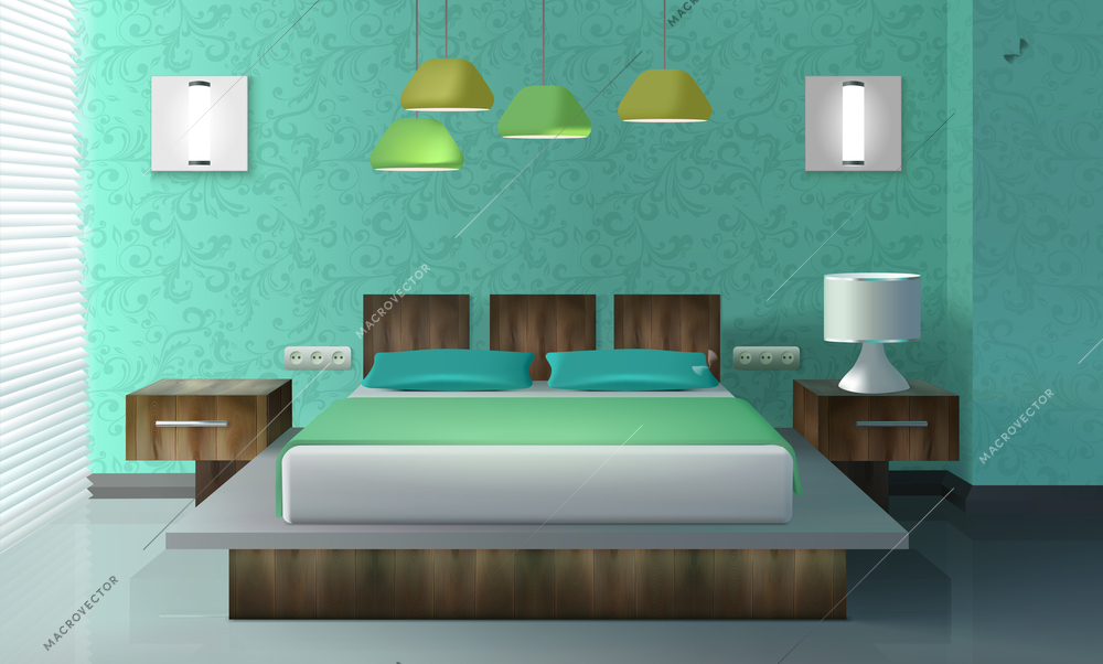 Bedroom interior design with bed bedside table and lamp realistic vector illustration