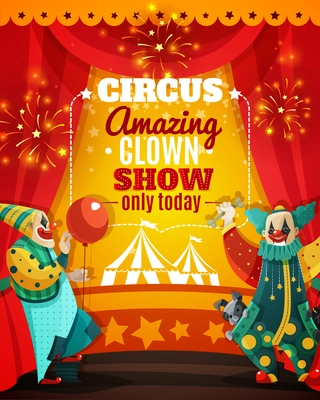 Travel circus amazing show announcement colorful poster with vintage marquee tent and funny clowns vector illustration