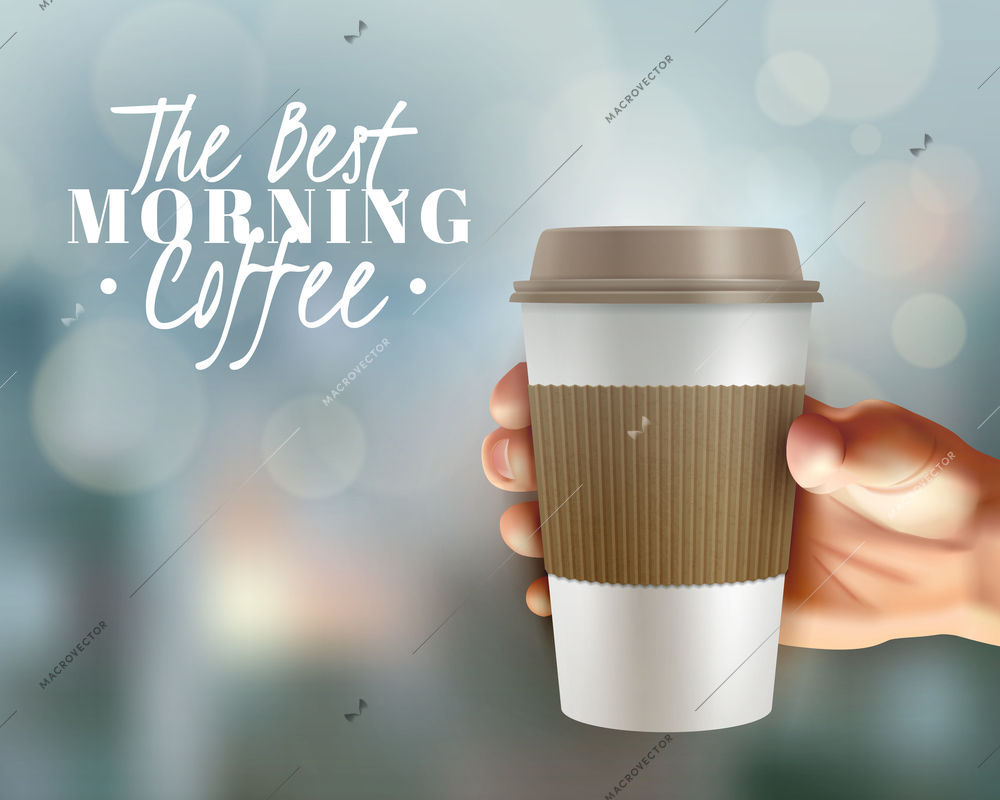 Morning coffee realistic background with hand and coffee cover vector illustration