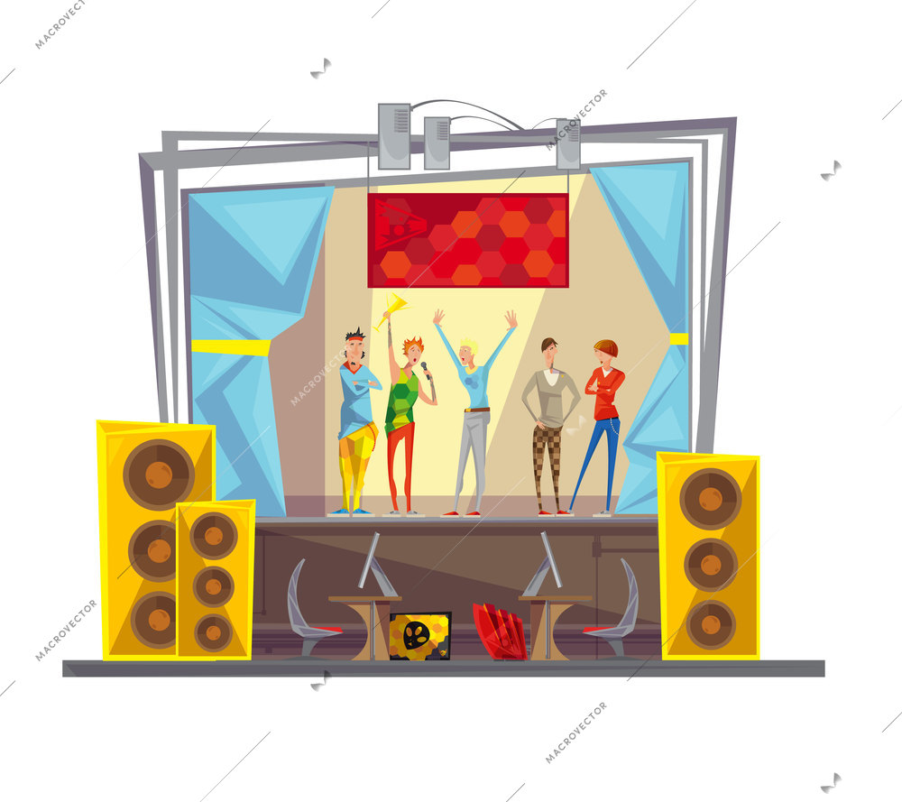 Esports international real time tournament  winners celebration podium flat cybrersport poster abstract vector illustration