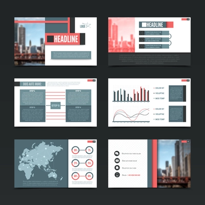 Presentation horizontal screen templates set with modern urban style colorful infographics maps pictograms with editable text vector illustration