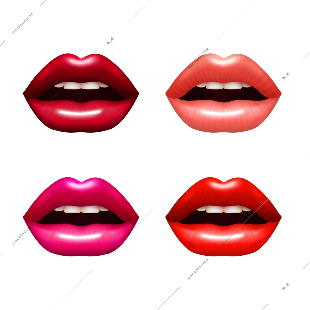 Woman lips  realistic set with bright coloring isolated vector illustration