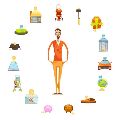 Family budget composition of full length male character with empty pockets surrounded by valuable things circle vector illustration