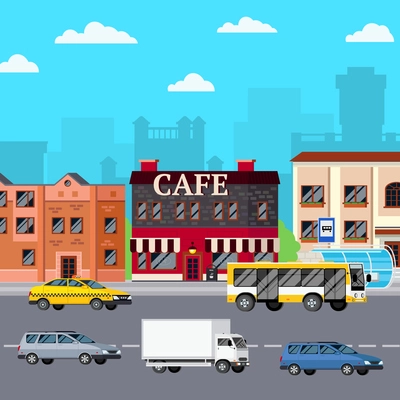 Street cafe composition with orthogonal images of storefront city buildings bus stop cars on carriage way vector illustration