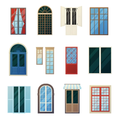 Muntin wood and metal bars window panels flat icons set with round and rectangular elements isolated vector illustration