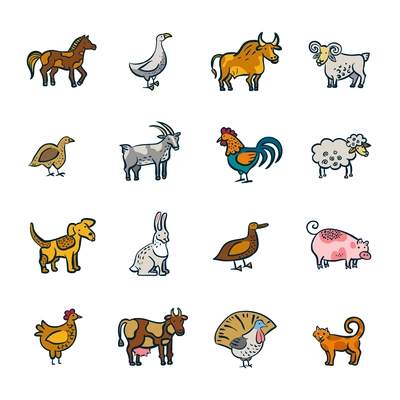 Colorful line farm animals and birds doodle set isolated on white background vector illustration