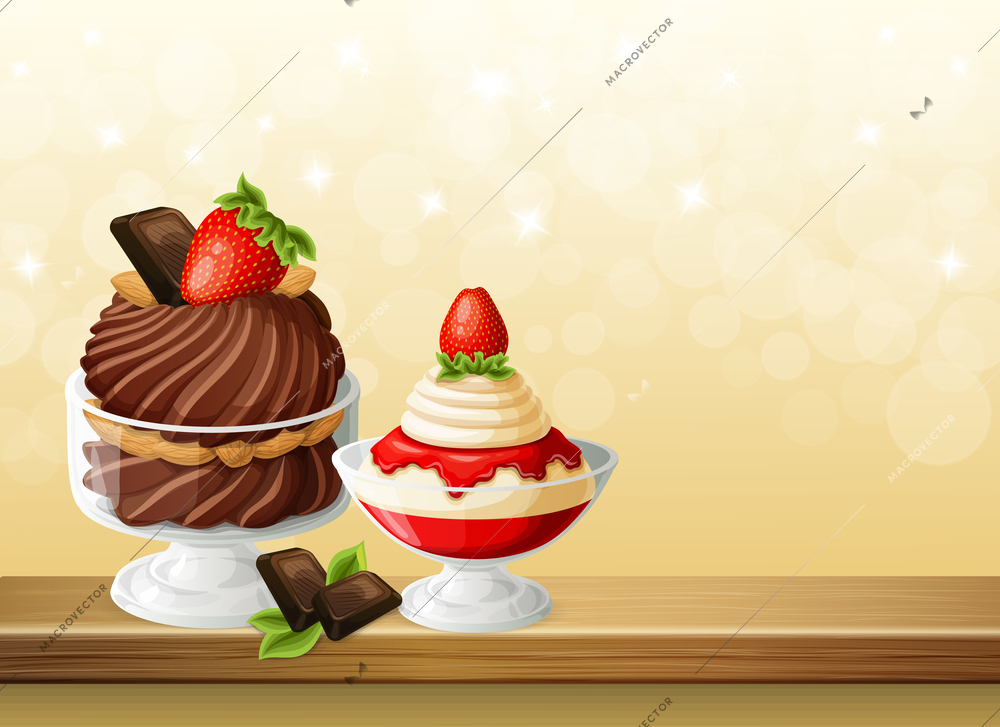 Composition with sweets in glass bowls on wooden table on blurred beige background with sparkles vector illustration