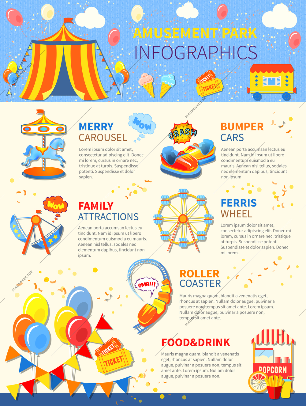 Amusement park infographics layout with carousel and attractions vector illustration