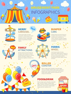 Amusement park infographics layout with carousel and attractions vector illustration