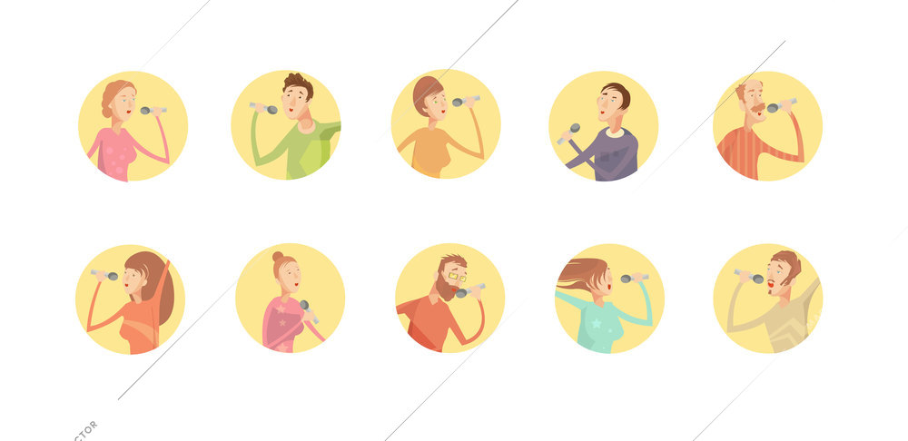 Set of ten round isolated karaoke party icons with inscribed young singing men and women characters vector illustration