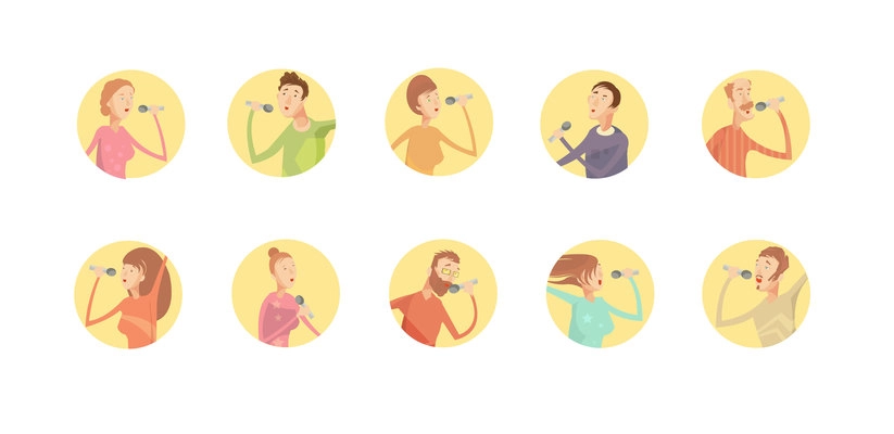 Set of ten round isolated karaoke party icons with inscribed young singing men and women characters vector illustration