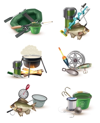 Fishing sport tackle gear and accessories 6 icons collection with inflatable boat and spring balance isolated vector illustration