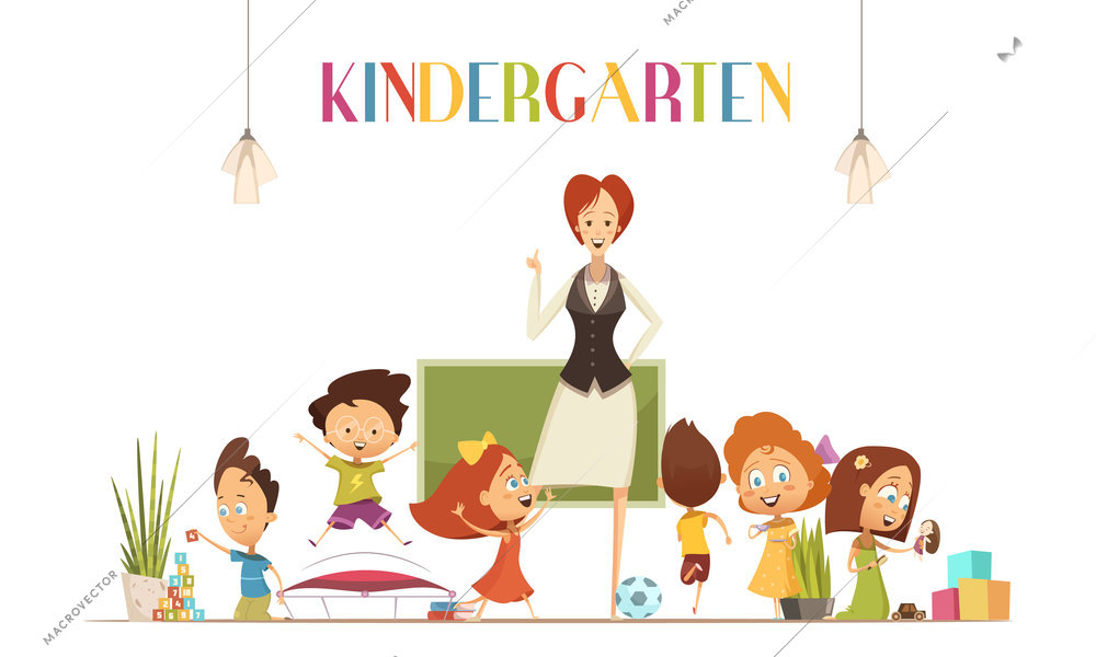 Kindergarten teacher in positive classroom environment coordinates children activities for effective learning retro cartoon poster illustration vector