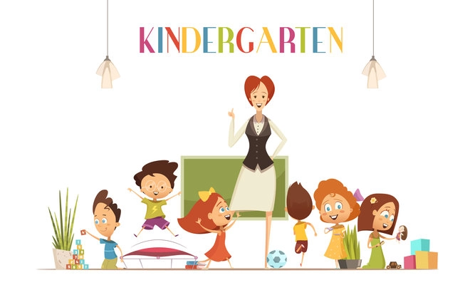 Kindergarten teacher in positive classroom environment coordinates children activities for effective learning retro cartoon poster illustration vector