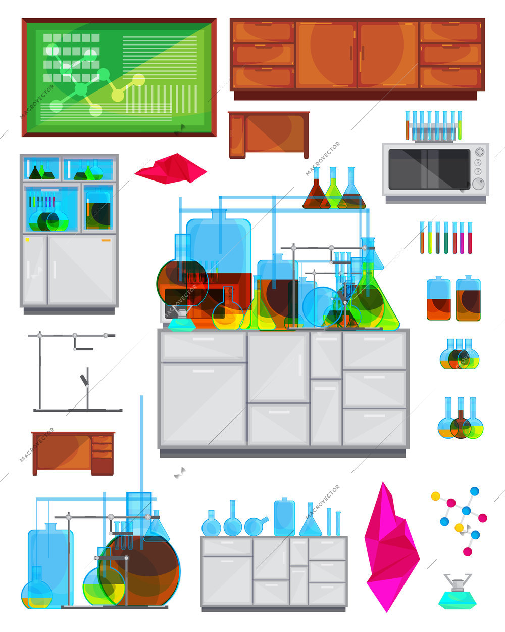 Chemical laboratory furniture bench and equipment front view images set with cabinets tubes liquids and furnace vector illustration