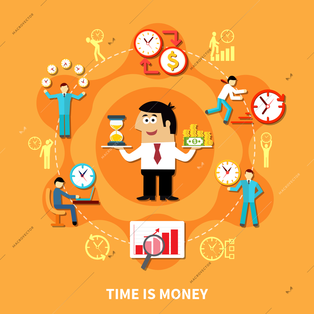 Round time management composition with symbols of analog and sand clock with human characters conceptual icons vector illustration