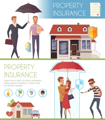 Property insurance horizontal banners with people under umbrella as symbol protection  from life problems  flat vector illustration