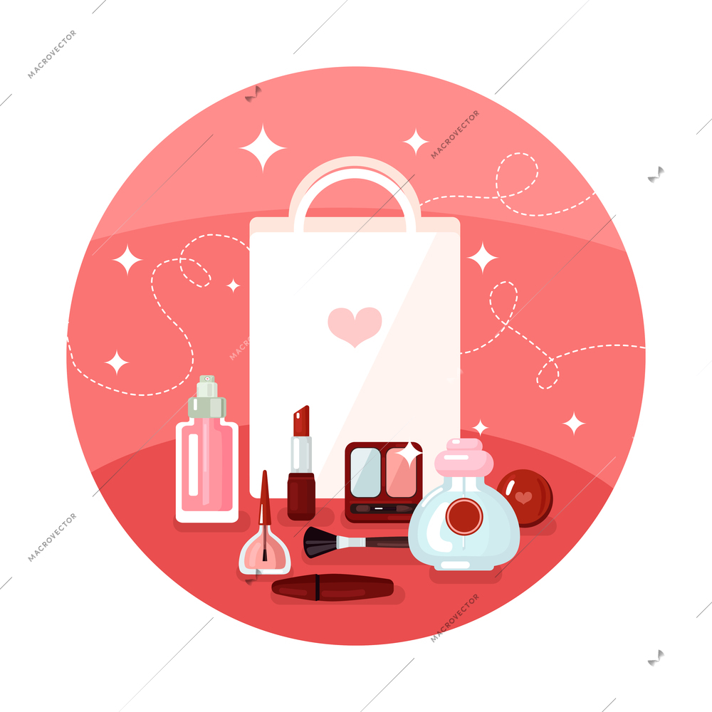 Colored flat and round cosmetics concept paper bag with cosmetic purchases around vector illustration