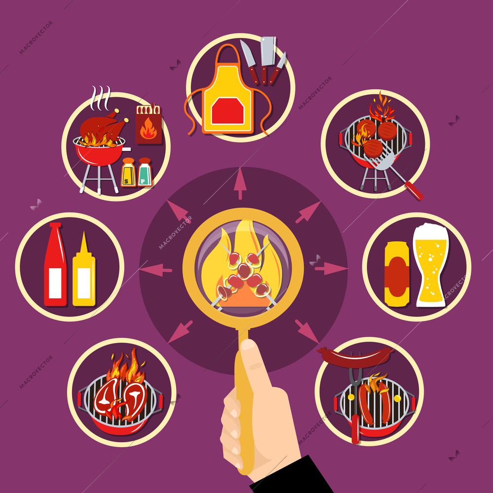 Barbecue round elements flat with cartoons concerning barbecue drinks cooking outdoors vector illustration