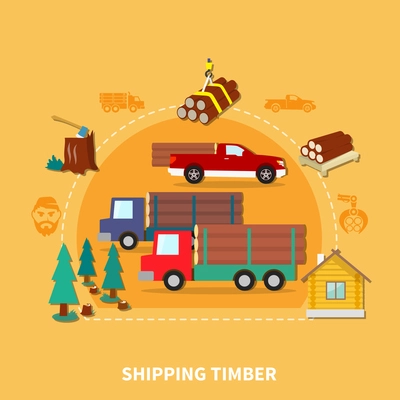 Lumberjack colored and flat composition with shipping timber description and steps from deforestation to production vector illustration