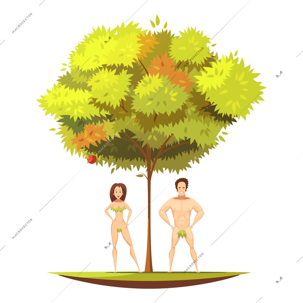 Adam and eve in eden garden ander apple tree with forbidden fruit of knowledge cartoon vector illustration