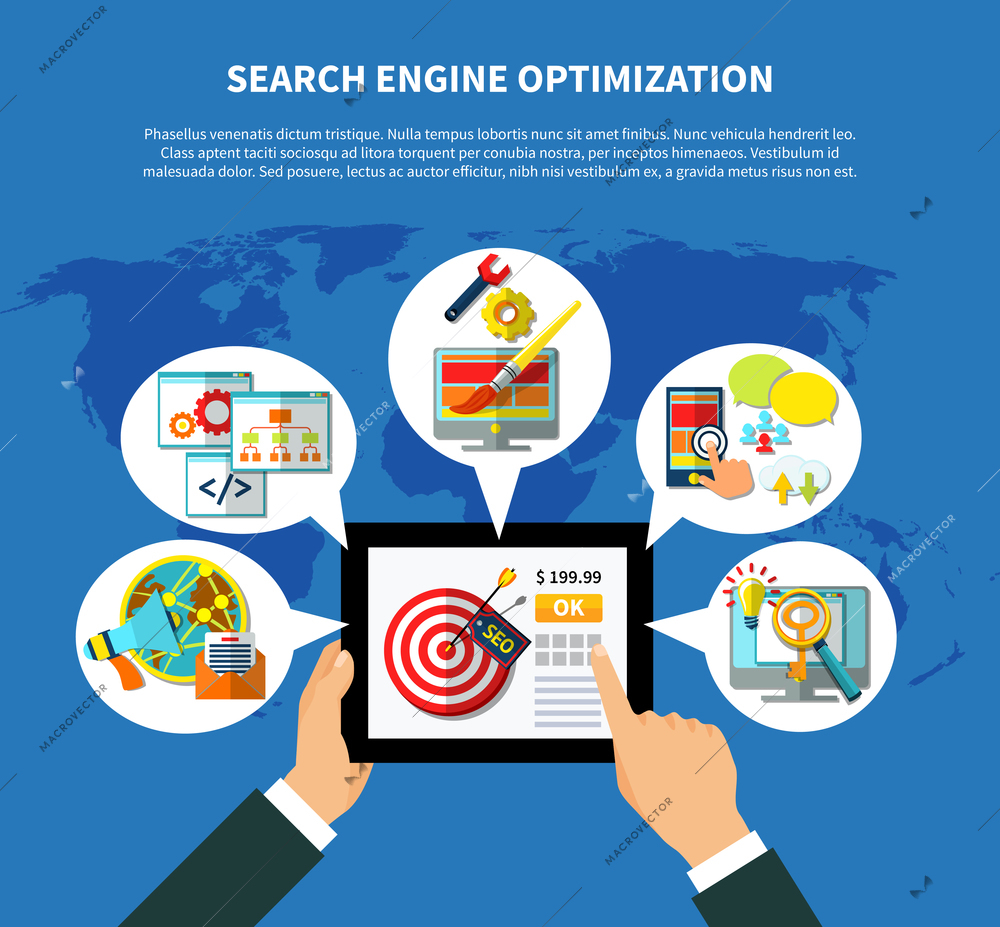 Search engine optimization concept with hands holding tablet surrounded by thought bubble compositions of web icons vector illustration