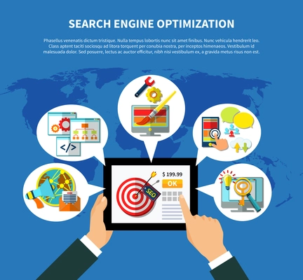 Search engine optimization concept with hands holding tablet surrounded by thought bubble compositions of web icons vector illustration