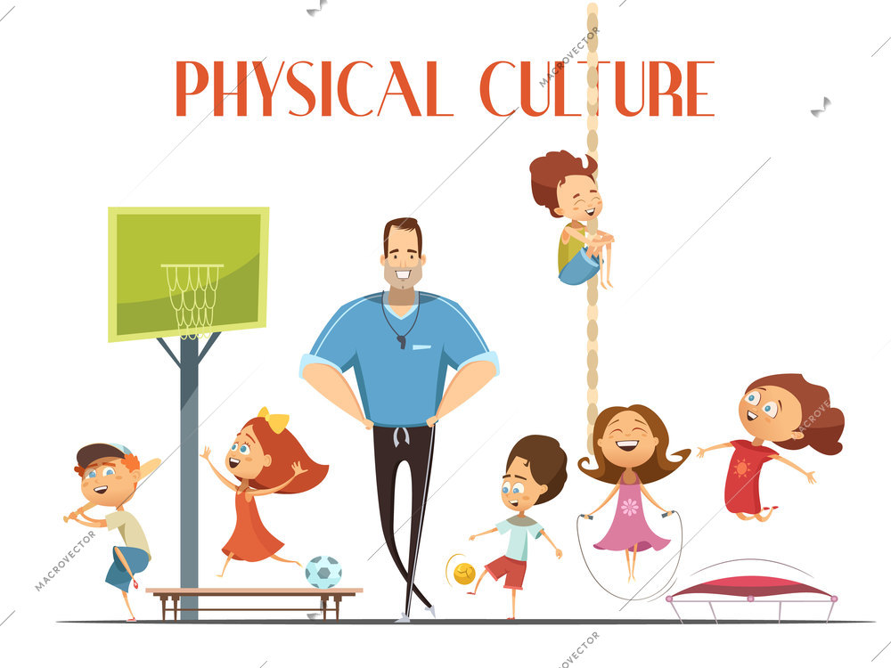 Primary school physical culture teacher enjoys modern sport facility with kids playing basketball and baseball cartoon vector illustration