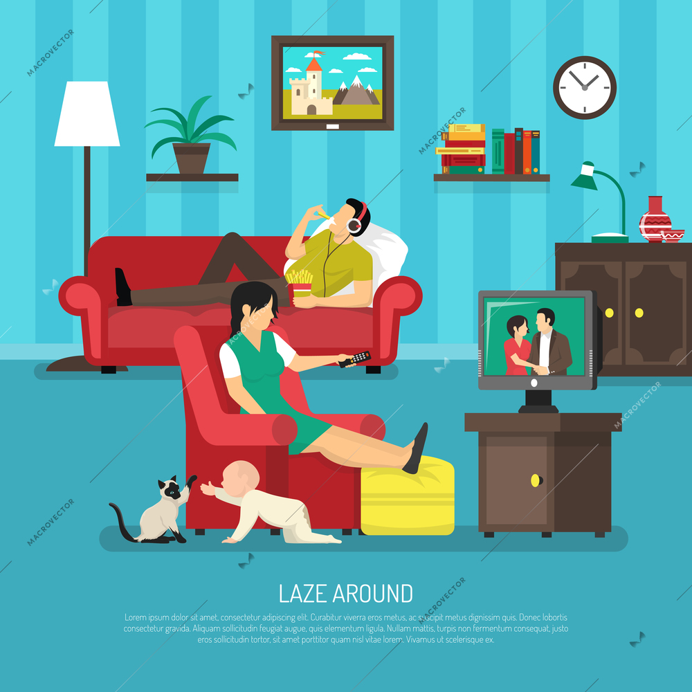 Lazy people design with kid near woman watching tv and man in headphone on sofa vector illustration