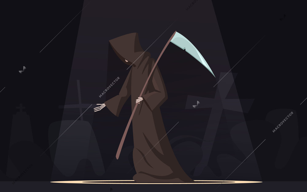 Death with scythe traditional black-hooded grim reaper symbolic figure in spotlight dark background poster cartoon vector illustration