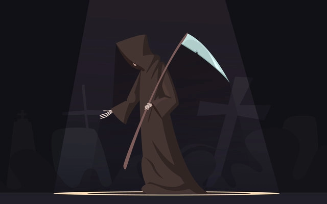 Death with scythe traditional black-hooded grim reaper symbolic figure in spotlight dark background poster cartoon vector illustration