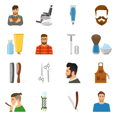 Set of flat icons with barber and clients scissors comb brush and foam trimmer isolated vector illustration